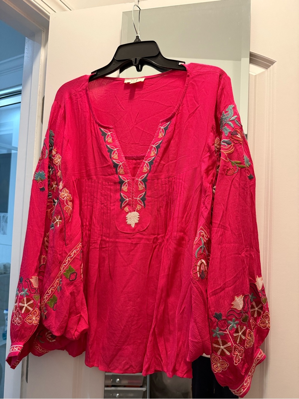 easel Embroidered Peasant Tunic in Hot Pink